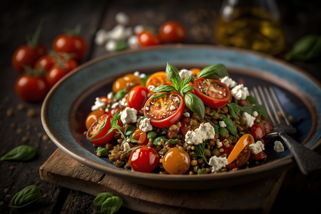 Salada de lentilha com tomate cereja e queijo feta