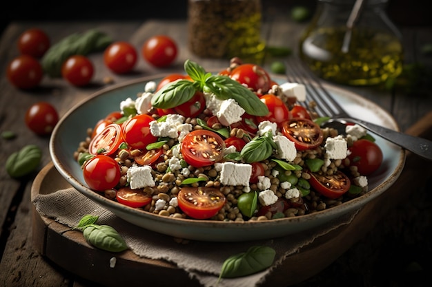 Salada de lentilha com tomate cereja e queijo feta