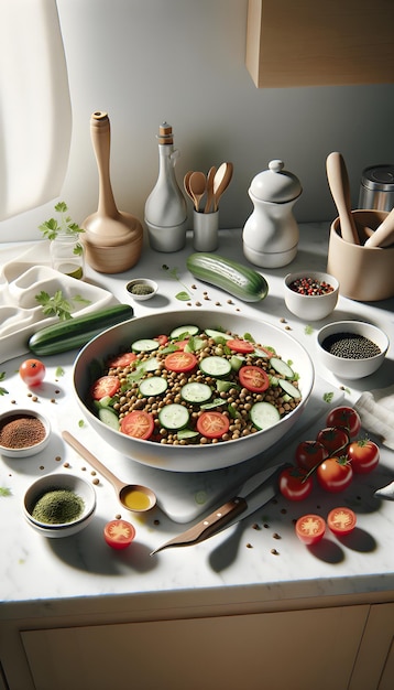 Salada de lentilhas com ervas frescas em balcão de mármore