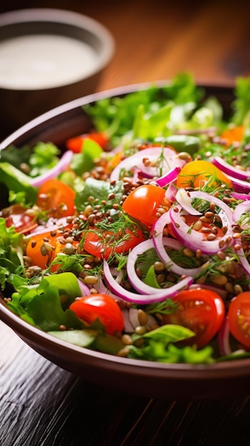 Salada de lentilhas com tomates cereja, cebola vermelha e endro