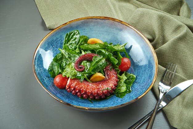 Salada de luxo com polvo grelhado, tomate e espinafre em um prato azul em uma mesa de madeira. Salada de frutos do mar saborosa