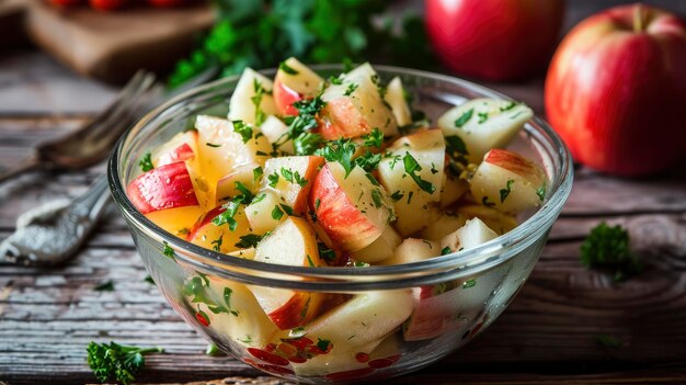 Foto salada de maçã de natal mexicana no méxico, é chamada de ensalada de manzana a salada de maçã é uma receita fácil e rápida. é um prato que não pode faltar no jantar de natal mexicano.