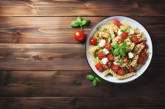 Salada de macarrão com queijo macarrão e tomate na mesa de madeira Vista superior Copiar espaço