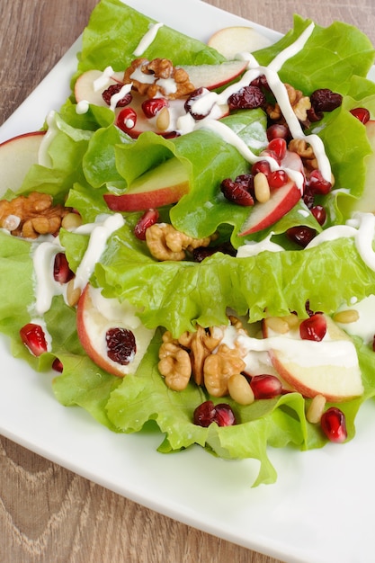 Salada de maçãs, cranberries, romã, pinhões e nozes temperada com iogurte