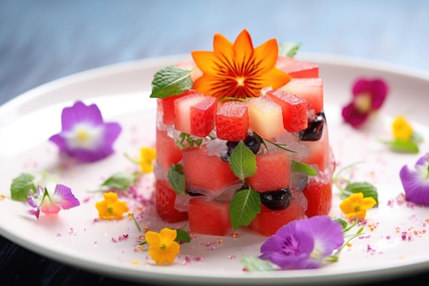 Salada de melancia decorada com flores comestíveis num prato de cerâmica branca