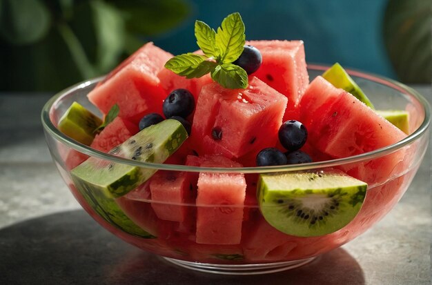 Salada de melancia numa tigela de vidro misturada com outras frutas