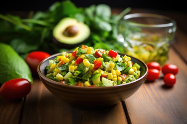 Foto salada de milho e abacate em mesa de carvalho