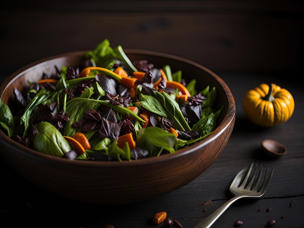 Salada de outono saudável em tigela de madeira rústica gerada por IA