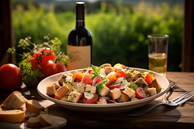 Salada de Panzanella toscana com um cenário pitoresco de vinha