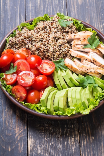 Salada de quinoa com frango abacate e tomate