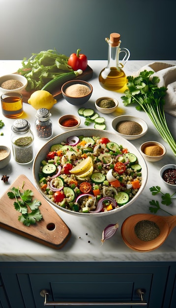 Salada de quinoa com molho de limão e coentro em balcão de mármore