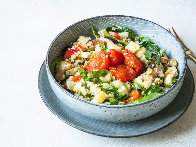 Salada de quinoa, legumes cozidos, espinafre e pepino cru em um prato azul em um branco