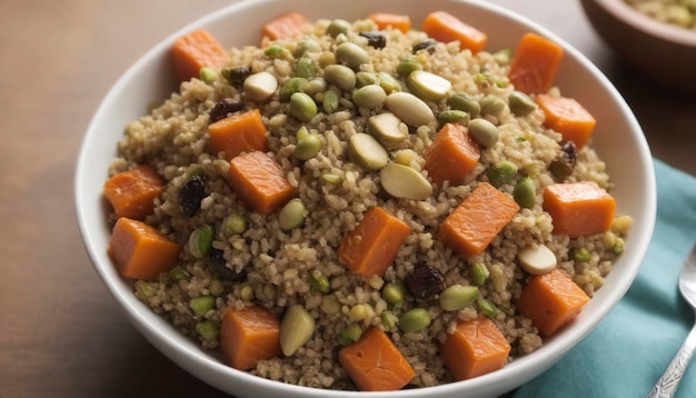 Salada de quinoa quente com cenouras assadas e pistaches