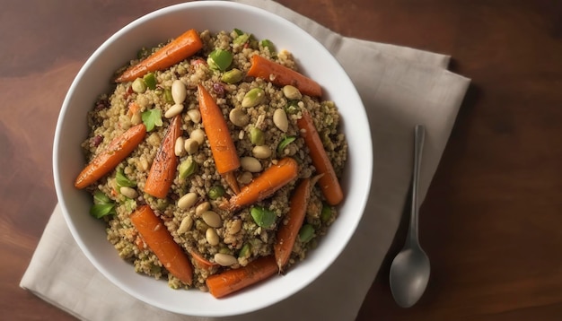 Salada de quinoa quente com cenouras assadas e pistaches