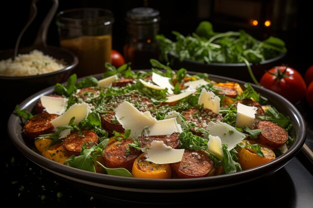 Salada de quinoa quente de inverno com chorizo de abóbora e mozzarella arugula e romã Efeito de