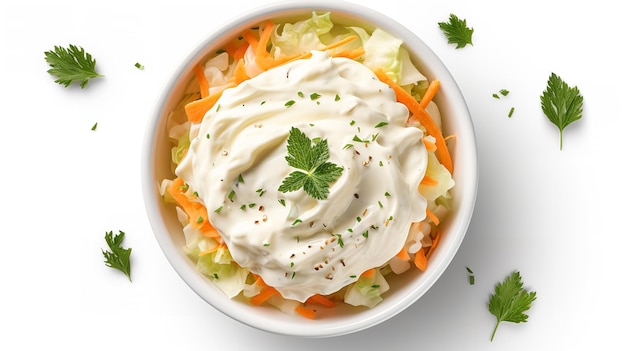 Salada de repolho de cenoura recém-cortada em pedaços e pedaços de couve branca com maionese em um fundo branco vista superior IA geradora