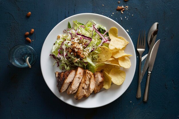 Salada de repolho de frango grelhado com nozes e batatas fritas