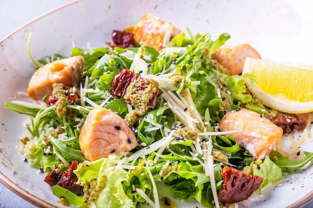 Salada de salmão com queijo de tomate seco e verduras frescas Closeup