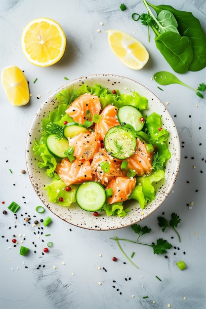 Salada de salmão fresco com limão e ervas em prato branco