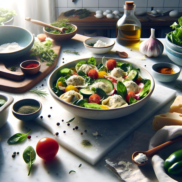 Salada de solterito, bolinhos de legumes no balcão de mármore branco.