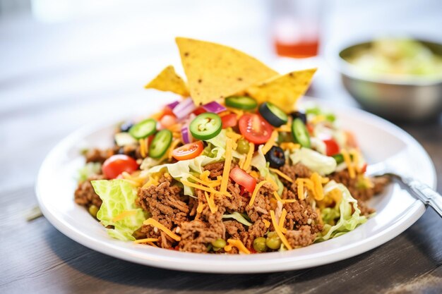 Foto salada de taco com carne moída e queijo triturado em cima