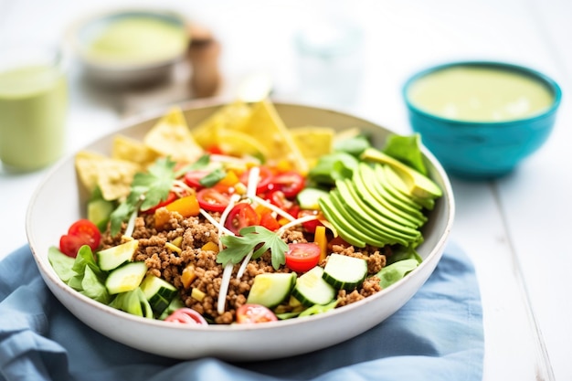 Salada de taco saudável com carne de peru picada e molho de abacate