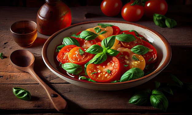 Salada de tomate com fundo de madeira de manjericão verde o conceito de IA generativa deliciosa e saudável