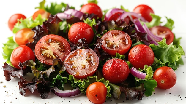 Salada de tomate e cebola com ervas frescas em fundo branco