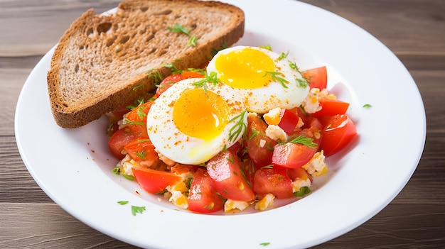 Salada de tomate e ovo com torrada de trigo integral
