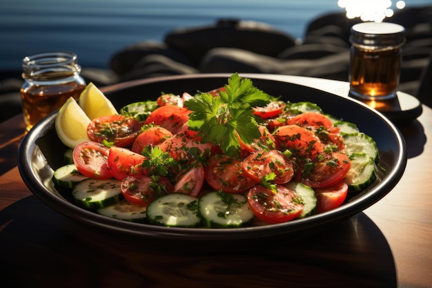 Salada de tomate e pepino num restaurante mediterrânico à beira-mar