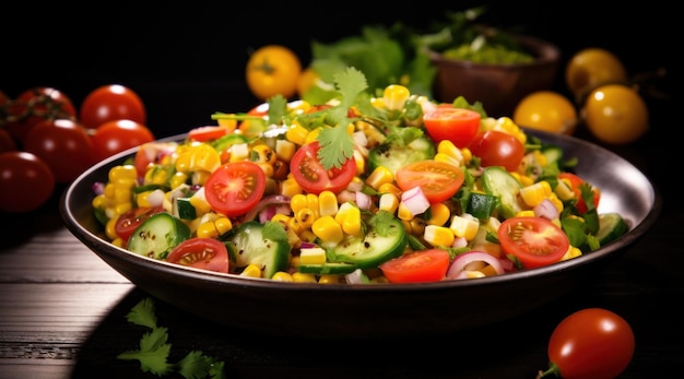 Salada de tomate, pepino e milho com molho