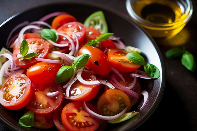 Salada de tomate saudável com cebola, manjericão, azeite e vinagre balsâmico