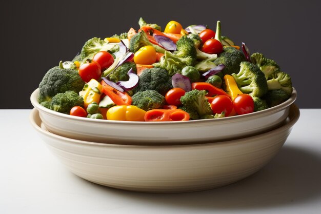 Salada de vegetais colorida com tomates cereja, pimentas e brócolis