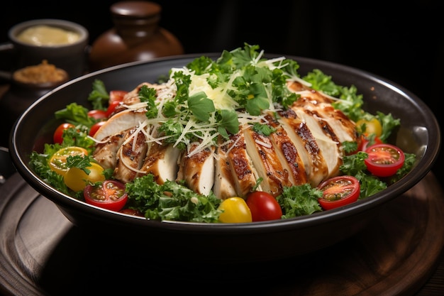 Salada de vegetais com frango e coberta com tomate e queijo