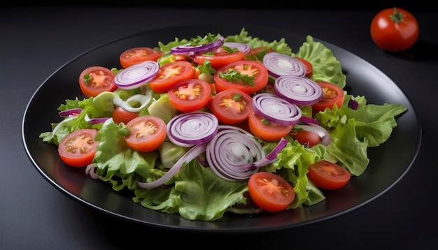 Salada de vegetais com tomates, cebolas vermelhas e molho sobre um fundo preto