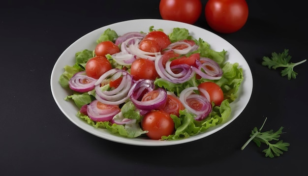 Salada de vegetais com tomates, cebolas vermelhas e molho sobre um fundo preto