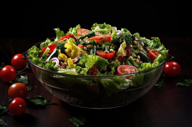 Salada de vegetais em uma tigela de salada transparente pepinos tomates alface folhas cebolas vermelhas