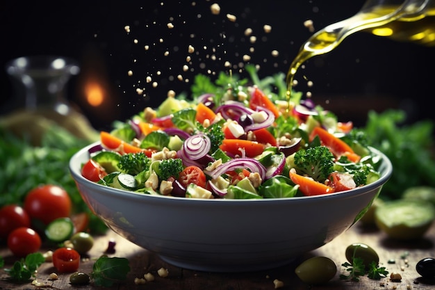 Salada de vegetais numa tigela com ingredientes voadores e gotas de azeite ai generativo