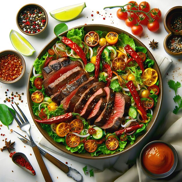 Foto salada de vegetais picante e saborosa com bife de carne