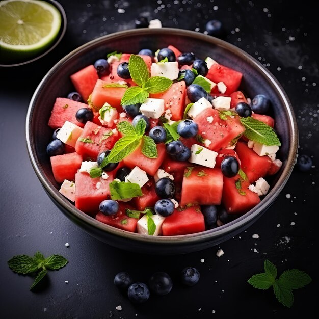 Salada de verão com queijo feta de melancia e mirtilos