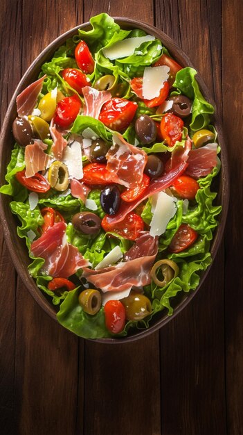 Foto salada de verão fresca salada de azeitonas tomates parmesão e salada de prosciutto vertical mobile wallpa