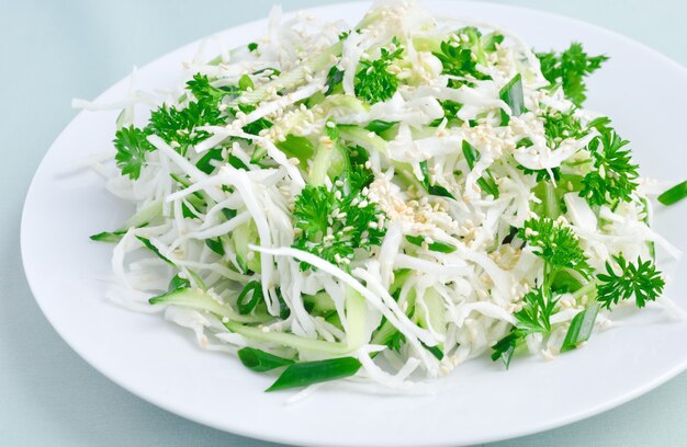 Salada de verão salada de repolho fresco e pepino com verduras e gergelim