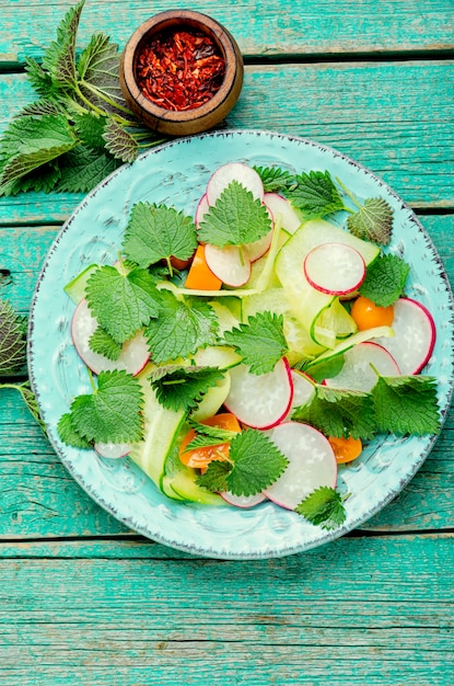 Salada dietética com folhas de pepino, rabanete, tomate e urtiga. Nutrição saudável. Salada de primavera. Comida vegetariana.