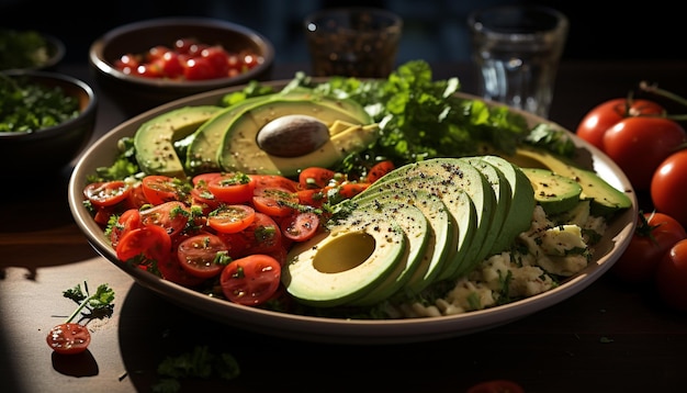 Foto salada fresca com legumes grelhados, abacate e mussarela em madeira gerada por inteligência artificial