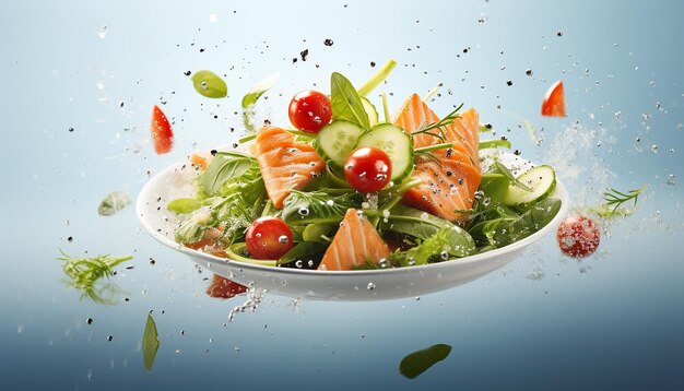 Foto salada fresca com peixe vermelho cores naturais minimalista fundo brilhante fotografia obturador stock r
