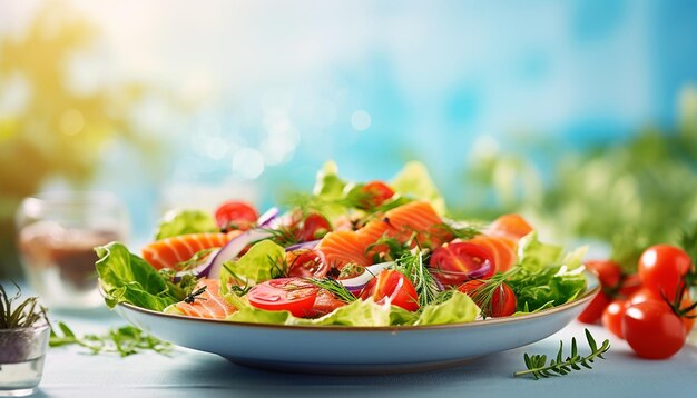 Foto salada fresca com peixe vermelho cores naturais minimalista fundo brilhante fotografia obturador stock r