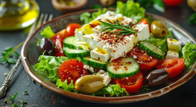 Salada fresca com pepinos, tomates, azeitonas e queijo feta