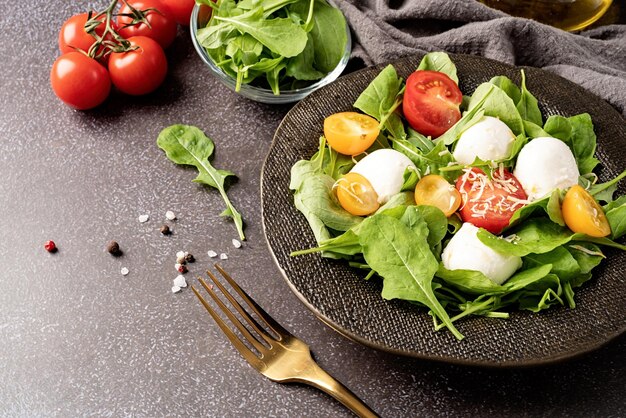 Salada fresca com queijo mussarela de tomate cereja rúcula e queijo duro em fundo escuro vista superior