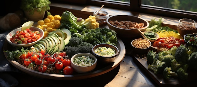 Salada Fresca com Verduras Mistas Uma salada refrescante com uma mistura de vegetais crocantes e molho vinagrete picanteGerado com IA