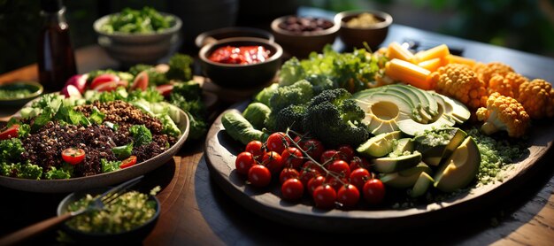 Salada Fresca com Verduras Mistas Uma salada refrescante com uma mistura de vegetais crocantes e molho vinagrete picanteGerado com IA
